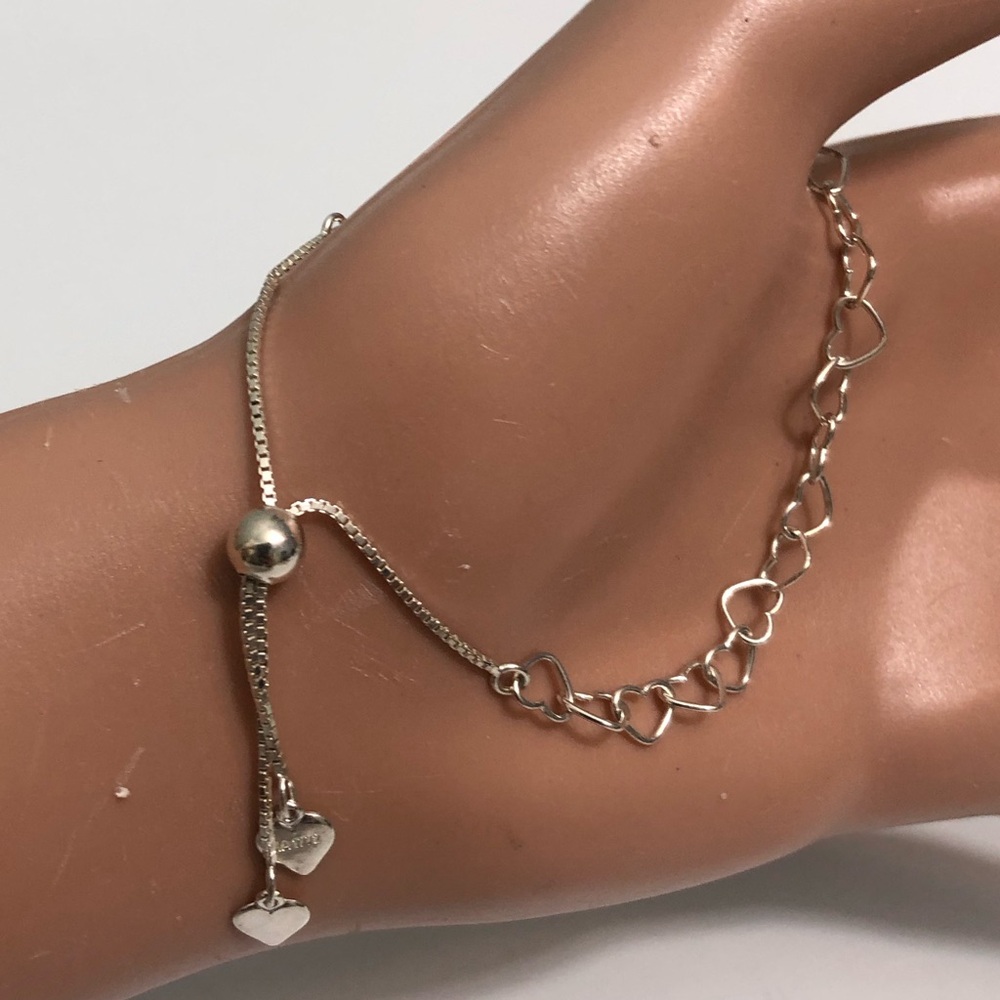 By KA 1772 Sterling Silver Open Hearts  Chain Adjust. Bolo Slide 925 Bracelet - Picture 1 of 9